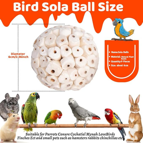 9 Pack Bird Toy Sola Balls, Natural Parrot Soft Chew Shredding & Foraging Toy, Bird Foot Balls for Cockatiel Conure Quaker Budgie Parakeet Bunny Guinea Pig Chinchilla Rabbit