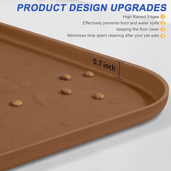 Silicone Pet Feeding Mat with Raised Edge for Food and Water, Dog Bowl Mats, Cat Bowls Placemat with High Lip for Floor Waterproof, Rubber Tray for Cats and Dogs 19 x 12 x0.7 Brown