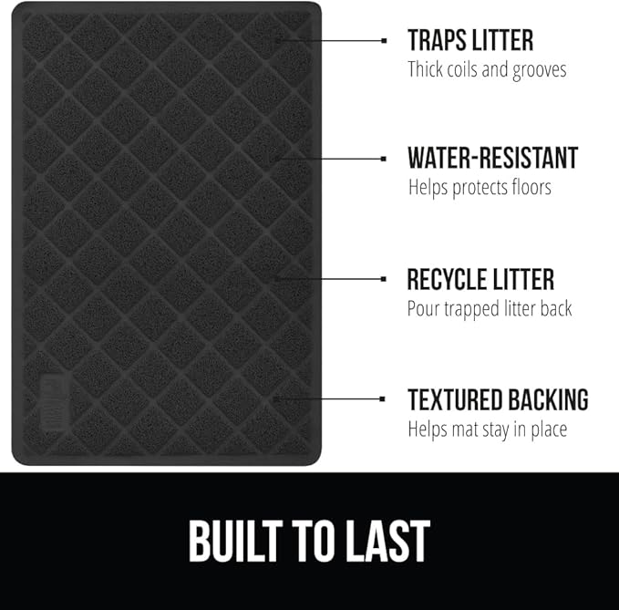 GORILLA GRIP Cat Litter Box Mat, Water Resistant, US Designed Kitty Litter Trapping Mats, Easy to Clean, Scatter Control, Less Mess and Clean Floors, Kitten Supplies for Indoor Cats, 17x11 Black