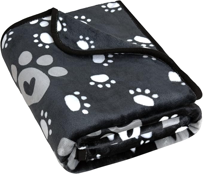 Dog Blanket, Soft Fleece Dog Blankets for Large Dogs, Fluffy Flannel Pet Cat Puppy Blanket Mat Cover for Bed Couch, Cute Paw Print Throw Blanket for Dogs, Black 50"X40"