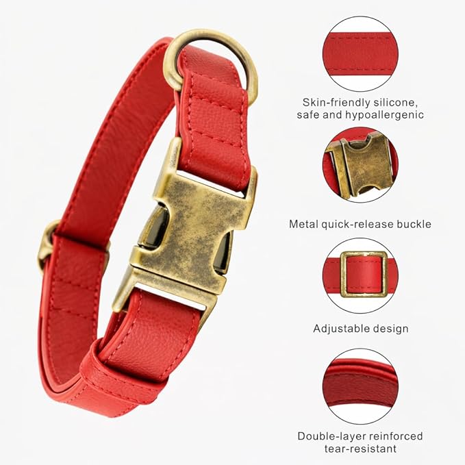 Silicone Dog Collar and Leash Set, Waterproof & Odor-Proof Puppy Collar for Small Dogs, Soft Flexible Leather-Look Dog Collars, Durable Thick Adjustable Pet Collar (Red, Large (14.5-24" Neck))