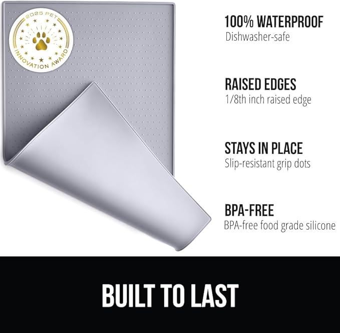 GORILLA GRIP 100% Waterproof Raised Edge BPA Free Silicone Pet Feeding Mat, Dog Cat Food Mats Contain Spills Protects Floors, Placemats for Cats, Dogs Water Bowl, Pets Accessories 28x18 Light Gray