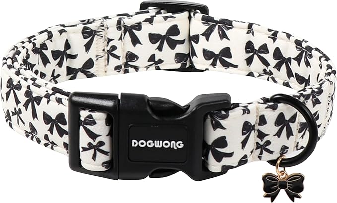 DOGWONG Cute Dog Collar, Black Bow Pattern Dog Collar, Girl Female Dog Collars with Strong Plastic Buckle for Medium Large Dogs,L