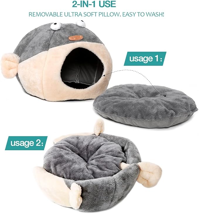 Cat Beds for Indoor Cats - Cat Bed Cave with Removable Washable Cushioned Pillow,2 in 1 Super Soft cat Tent for Kitten and Small Cats, Lively Pufferfish Animal-Shape & Furniture, Grey Multiple Sizes