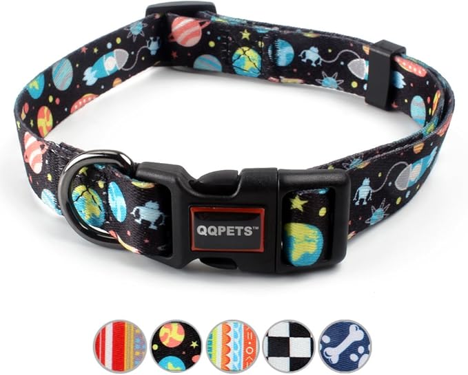 QQPETS Adjustable Soft Dog Collar: Print Flower Pink Multicolor Cute Patterns for XS Small Medium Large Pet Girl Boy Puppy Walking Running Training (XS, Space)