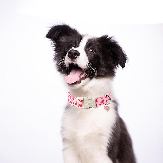 Valentines Dog Collar, Cute Pink Dog Collar with Red Heart Printed, Comfortable Girl Puppy Collar with Quick Release Plastic Buckle, X-Small