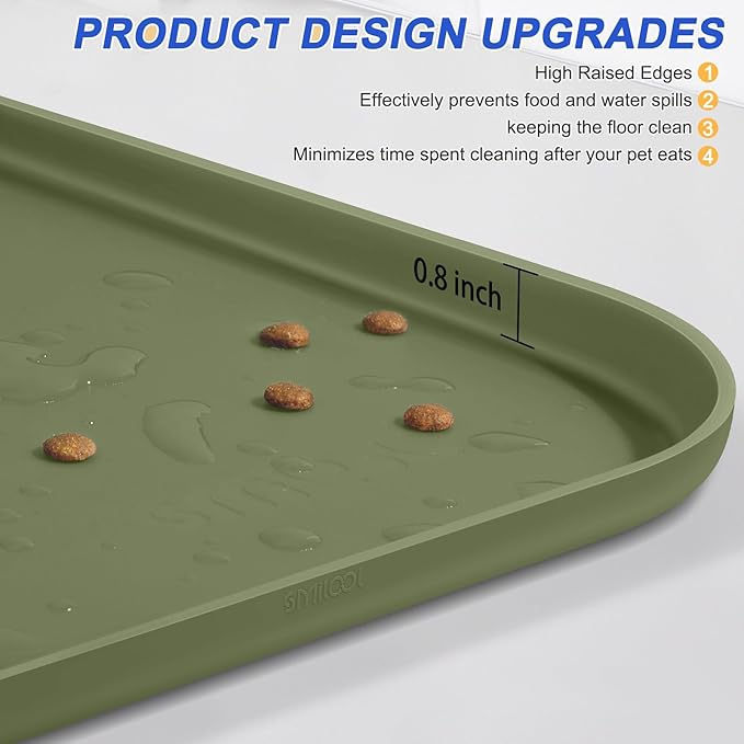 Silicone Pet Feeding Mat with Raised Edge for Food and Water, Dog Bowl Mats, Cat Bowls Placemat with High Lip for Floor Waterproof, Rubber Tray for Cats and Dogs 22 x 14 x0.8 Light Olive Green
