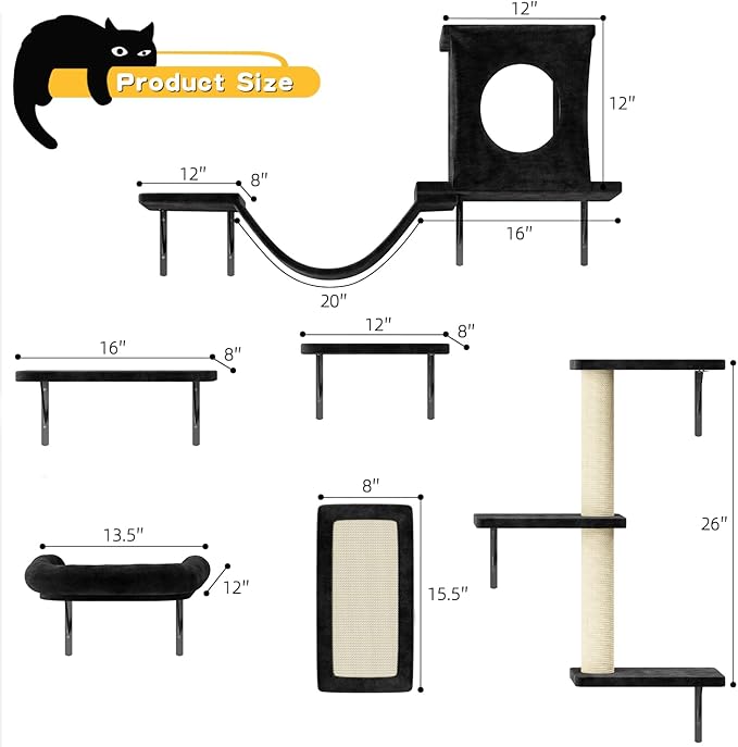 NUNU LAB Wall Mounted Cat Furniture Set - 6 Pcs Climber Set with House, Bridge, Steps, Scratcher Board - DIY Walls Playground, Indoor Cat Shelves - Black