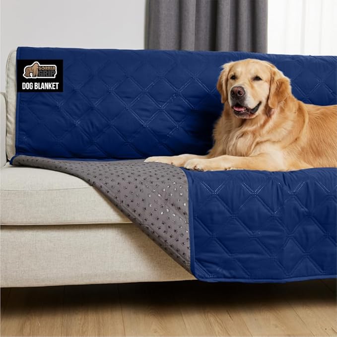 GORILLA GRIP Waterproof Bed Cover for Dogs, 102x82, Gripped Slip Resistant Backing, Leak Proof Washable Dog Blanket Covers Sofa, Couch, Sectional, Crate, Car, RV Seats, Pet Puppy Essentials, Navy Blue