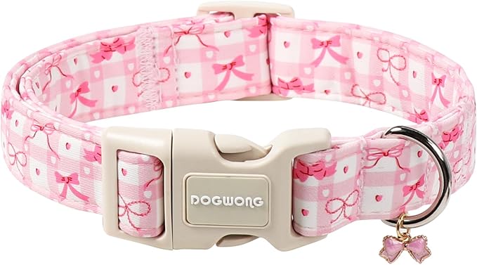 DOGWONG Pink Plaid Dog Collar-Cute Pink Bowtie Print Dog Collar, Adjustable Cotton Girl Female Pet Collar with Quick Release Buckle,XL