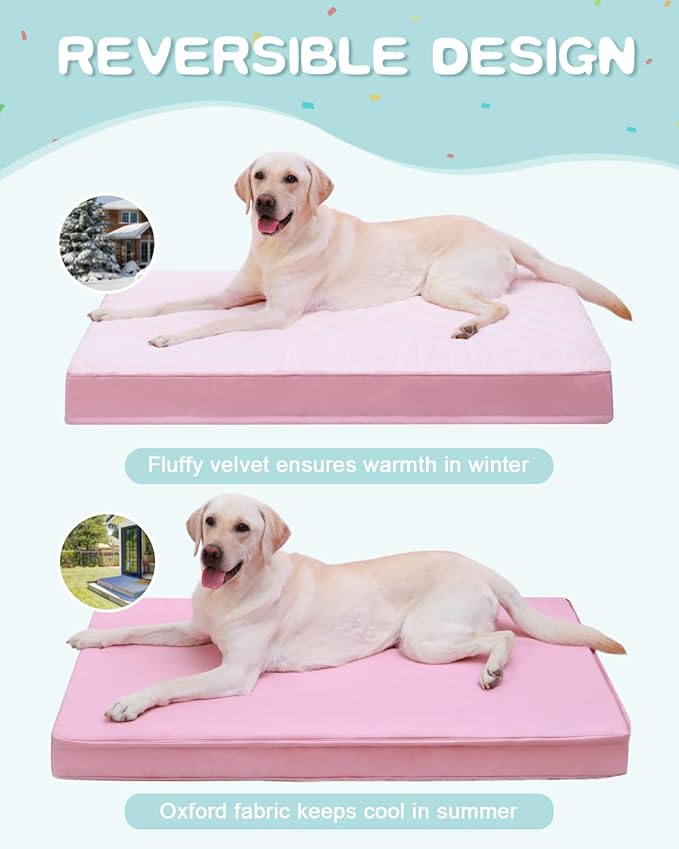 KSIIA Orthopedic Dog Bed - Waterproof & Washable with Removable Cover, Deluxe Plush Egg Crate Foam Design for Large Dogs, 47x29 Inch Pink Dog Crate Bed