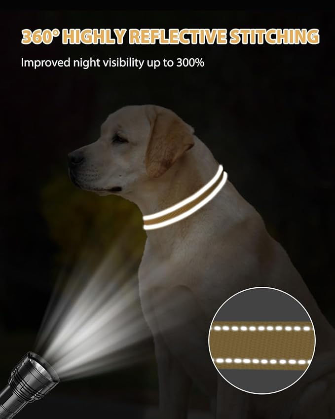 Joytale Large Dog Collar, Reflective and Adjustable Nylon Pet Collar with Quick-Release Buckle for Extra Large Dogs, Khaki, XL