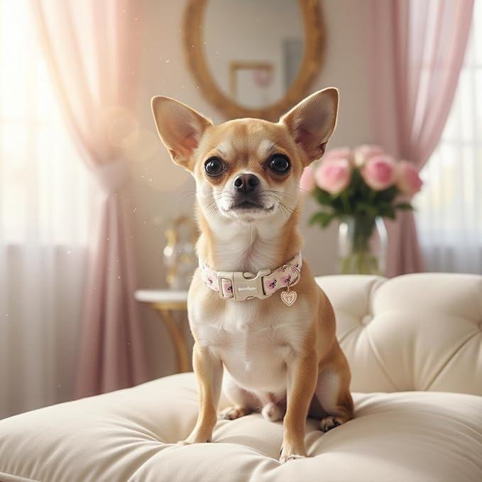 Bow Dog Collar with Pink Heart, Adjustable Cotton Dog Collar for Small Medium Large Dogs, Cute Puppy Collar for Girl Boy Dogs, Ideal for Gifts,Pet Accessory,L