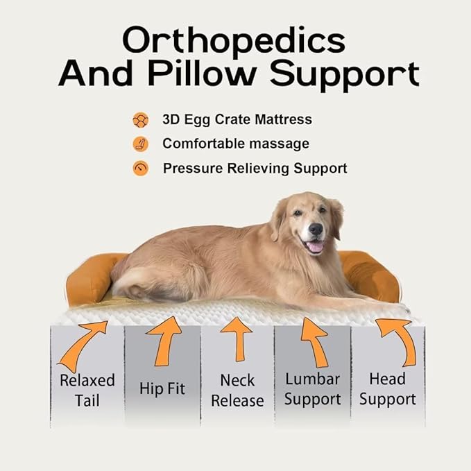Large Dog Bed Orthopedic Washable, Orthopedic Dog Beds for Large Dogs with Washable Cover, Removable Bolster and Non-Slip Bottom Orange Pet Beds, XL XLarge Extra Large Dogs