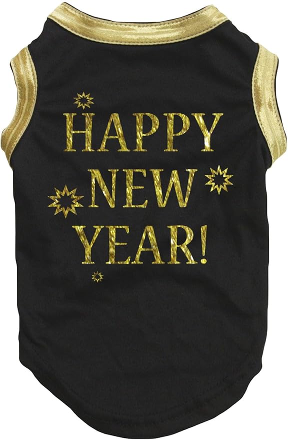 Petitebella Bling Happy New Year Puppy Dog Shirt (Black/Bright Gold, Medium)