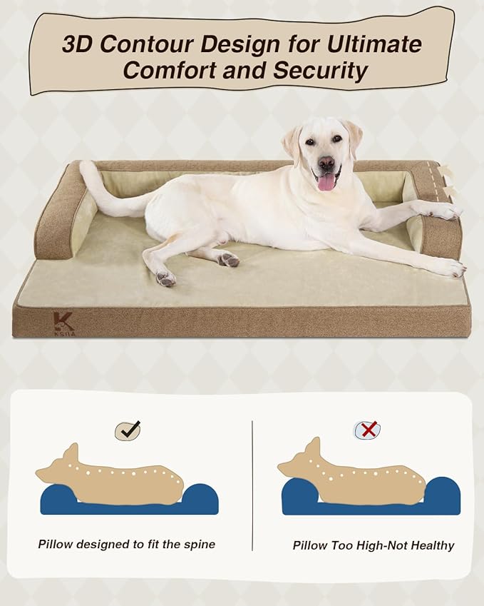 KSIIA Washable Dog Bed XXL Senior Dog, Orthopedic Warm Soft Pet Sofa Waterproof Pet Couch with Sides, Non-Slip and Egg-Crate Foam Jumbo Beds with Removable Cover, 47x32Inch, Brown