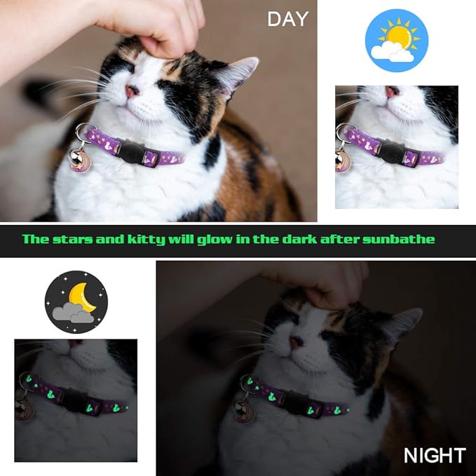 4PCS Cat Collar with Bells,Breakaway Cat Collars,Moons Stars Cute Kitty Adjustable Safe Kitten Collars Pendant Glow in The Dark,Cat Collars for Boy Cats 8.0-13.0 Inch(Black&Grey&Deep Green&Orange)