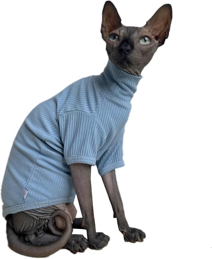 Sphynx Hairless Cats Shirt Cotton Cat Turtleneck Sweater Pullover Kitten T-Shirts with Sleeves Cat Pajamas Jumpsuit for Sphynx Cornish Rex, Devon Rex, Peterbald (X-Large (Pack of 1), Sky Blue)