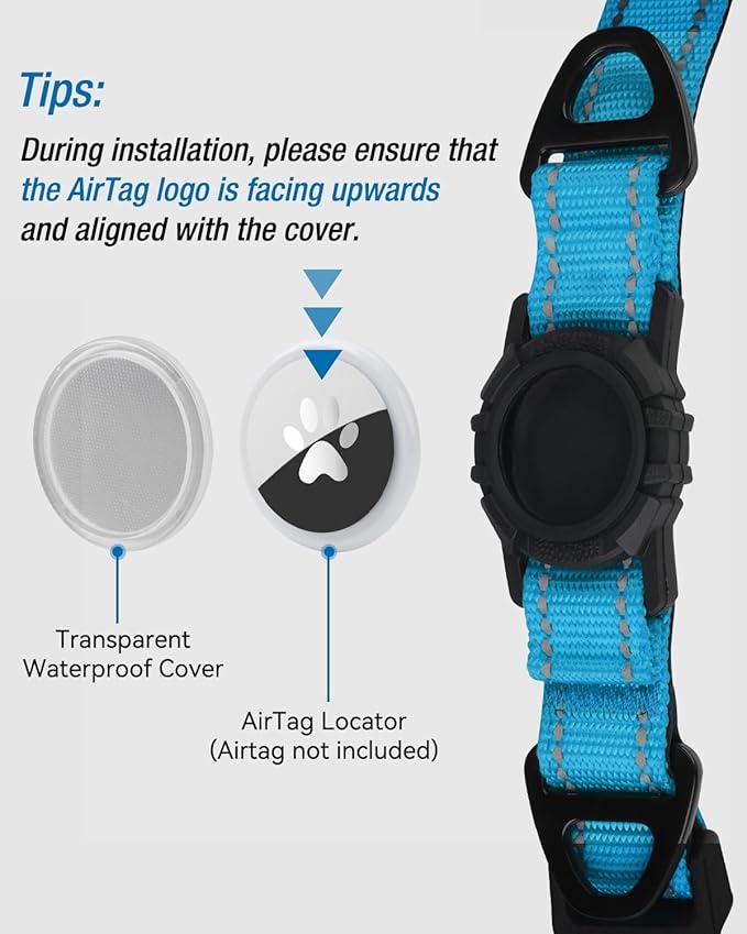 Joytale Airtag Dog Collar, Waterproof Dual D-Rings, Reflective Pet Collar with AirTag Holder, Soft Padded Adjustable for Medium Dogs, SkyBlue, M