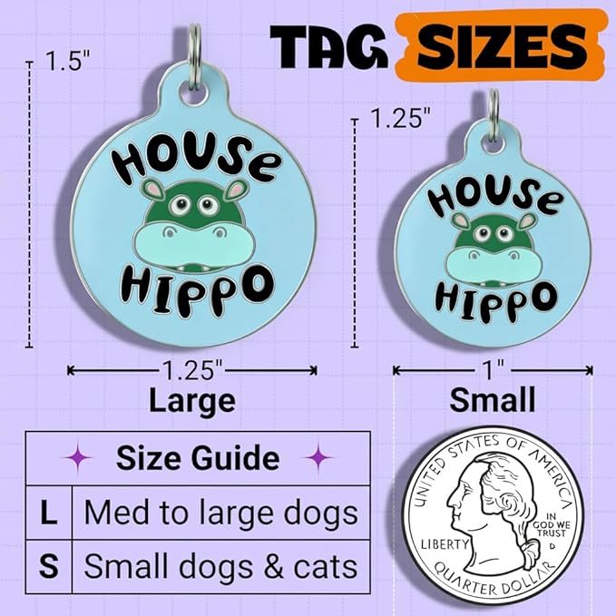 Bad Tags Personalized Dog and Cat ID Tags in 25+ Designs and 2 Sizes - 5 Lines of Custom Engraved Text - Funny Cute Personalized Pet Tags (House Hippo - Blue, Small (1 inch))