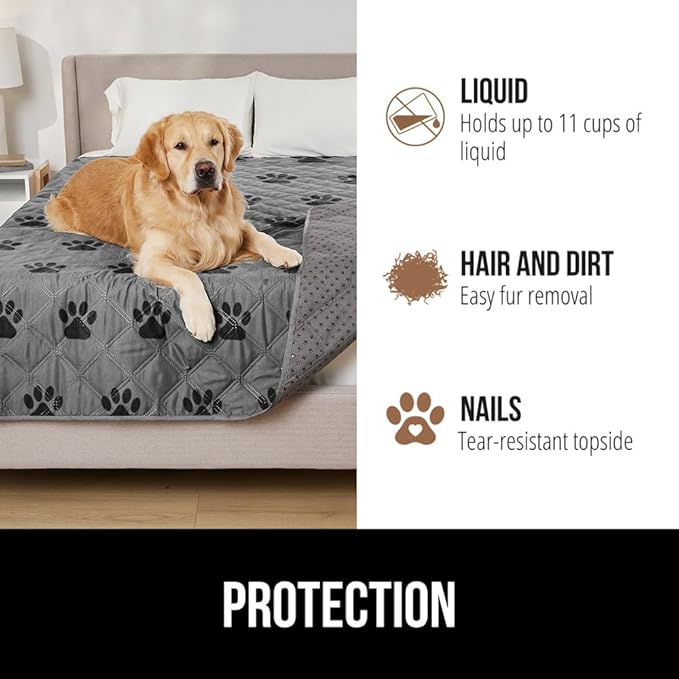 GORILLA GRIP Waterproof Bed Cover for Dogs, 82x68, Gripped Slip Resistant Backing, Leak Proof Washable Dog Blanket Covers Sofa, Couch, Sectional, Crate, Car, RV Seats, Pet Puppy Essentials, Gray Paw