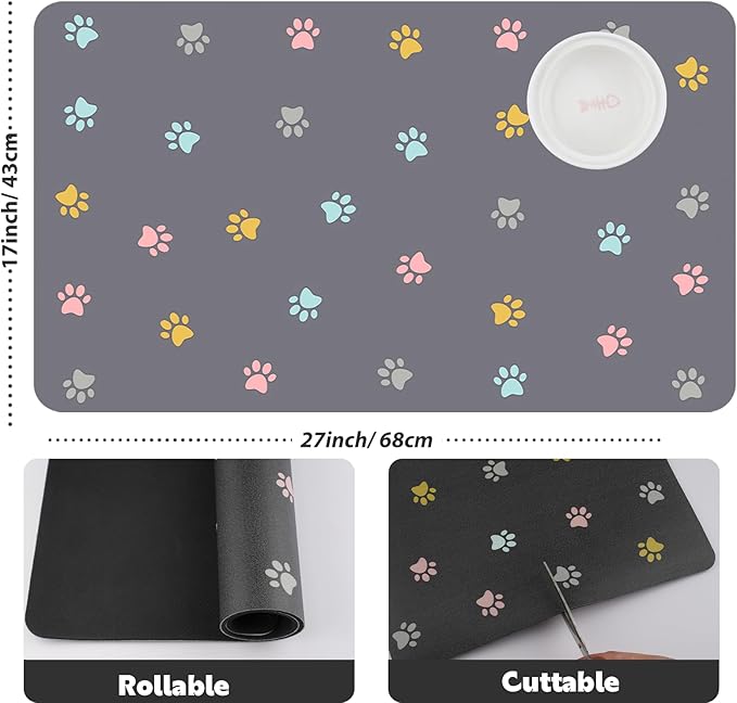 Pet Feeding Mat Absorbent Dog Mat for Food and Water Non Slip Quick Dry Dog Bowl Mats for Floors 27" X 17" Paw Light Gray