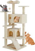 DUMOS 54-inch Indoor Cat Tree Tower –Multi-Level Pet House for Large Cats with 2 Condos, Scratching Posts, Round Platform, Small Ladder, and Toys, Beige