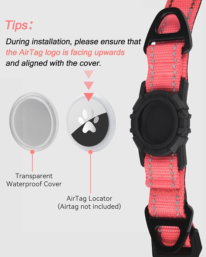 Joytale Airtag Dog Collar, Reflective Pet Collar with Waterproof AirTag Holder, Dual D-Rings, Soft Padded Adjustable for Extra Small and Puppy Dogs, Neon Pink, XS