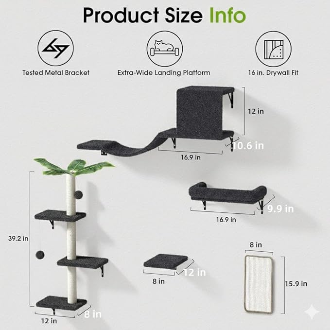 5-in-1 Cat Wall Shelves for 16 Inch Drywall: Space-Saving Wall Mounted Cat Shelves with Climbing, Perch & Lounge