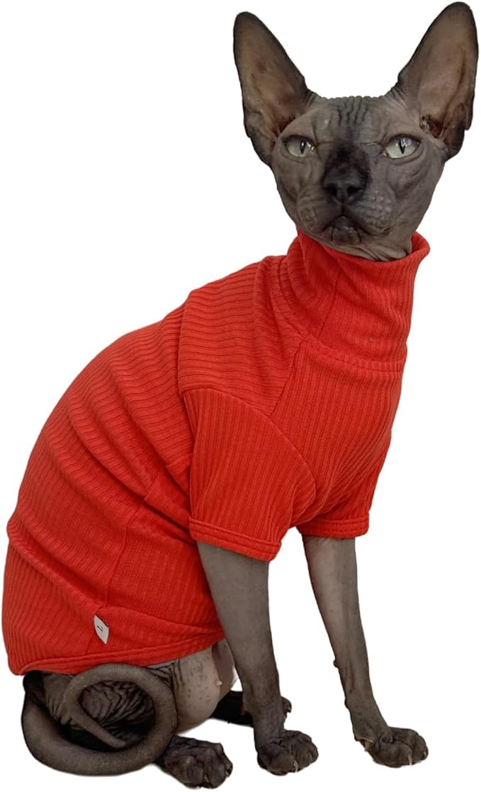 Sphynx Cats Shirt Cat Turtleneck Cotton Sweater Pullover Kitten T-Shirts with Sleeves Cat Pajamas Jumpsuit for Sphynx Cornish Rex, Devon Rex, Peterbald (Sunset, Small)