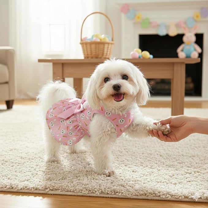 Easter Dog Dress with Bunny & Carrot Print, Festive Holiday Pink Spring Pet Outfit with Satin Bow for Small Medium Dogs