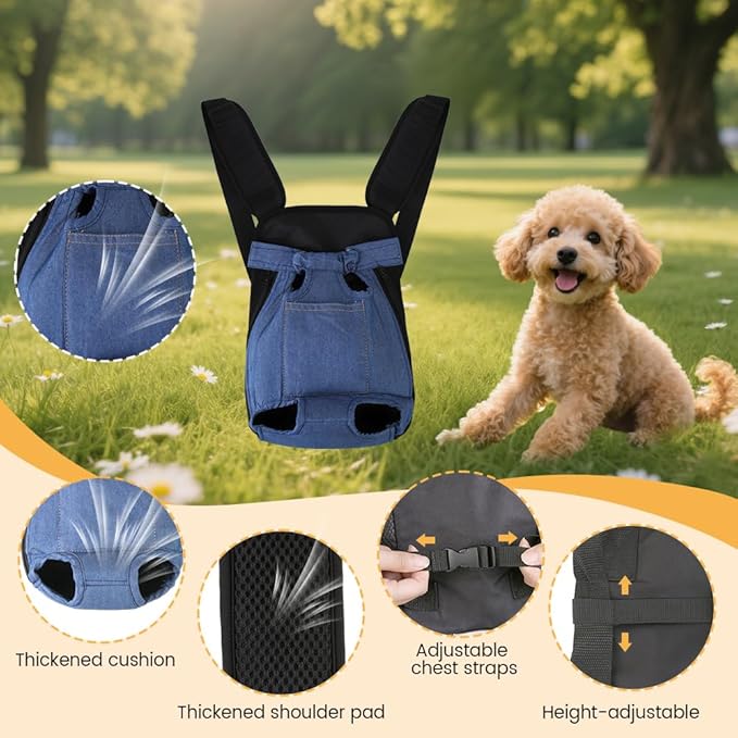 Inspack Dog Backpack Carrier/Cat Carrier, Adjustable Pet Front Carriers Travel Bag for Puppy Medium Dogs, Legs Out, Soft Ventilated Dog Chest Carry Backpacks for Hiking/Camping, 7-11 lbs, Indigo Denim