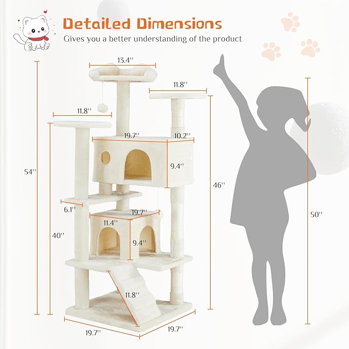 54 Inches Cat Tower Condo Furniture, Cat Tree Tower for Indoor Cats, Cozy Hammock and Sisal Scratching Posts, Multi-Level Durable Cat Scratch Post for Kittens Pet House Play, Detachable, Beige