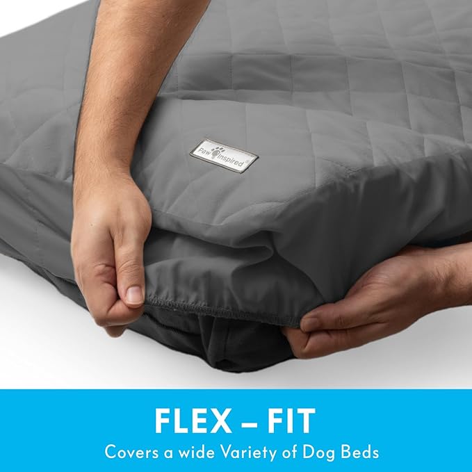 Paw Inspired Waterproof Fitted Cover for Dog Bed | Washable Bed Protector for Dog Mattress | Removable Replacement Cover for Large to XL Pet Bed (Gray, 44 x 35 x 6 Inch)