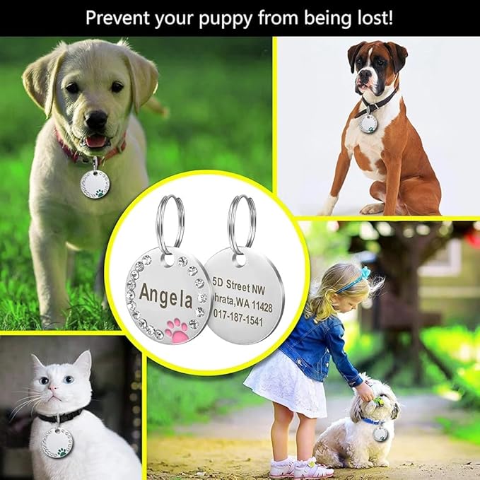 Personalized Dog/Cat Cute Paw Pet ID Tag with Unique Laser Engraving Name and Phone Number for Pet Collar or Key Chain (White)