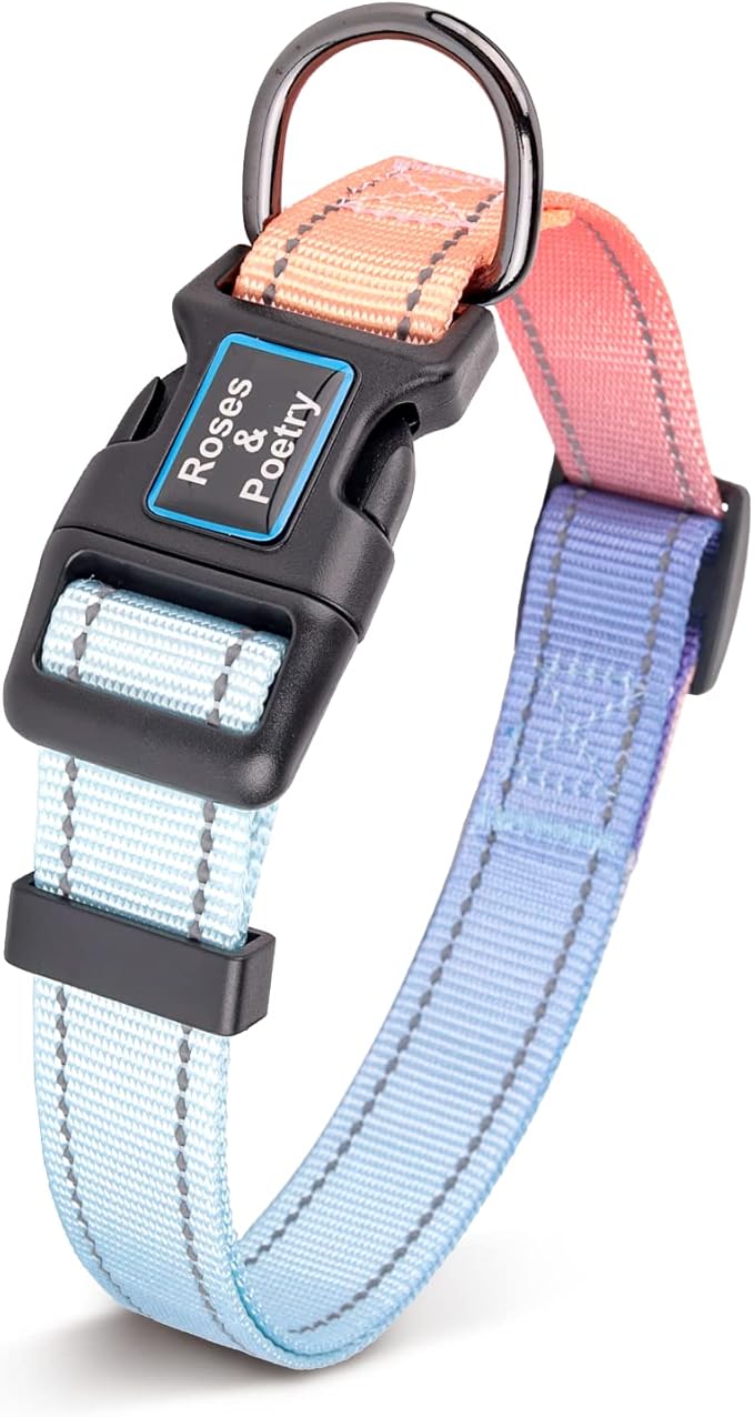 Roses&Poetry Reflective Dog Collar with Gradient Azure, Adjustable Durable Pet Collars for Small Medium Large Dogs (Azure-M)
