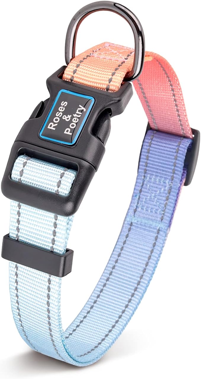 Roses&Poetry Reflective Dog Collar with Gradient Azure, Adjustable Durable Pet Collars for Small Medium Large Dogs (Azure-S)