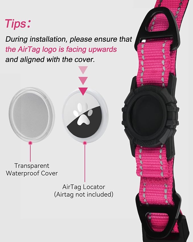 Joytale Airtag Dog Collar, Reflective Pet Collar with Waterproof AirTag Holder, Dual D-Rings, Soft Padded Adjustable for Extra Large Dogs, Hotpink, XL