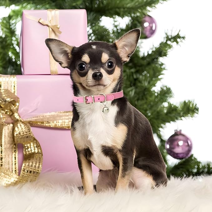 Pink Small Dog Collar with Bell, Soft Pu Leather Cat Collars Adjustable Buckle for XXS XS Extra Small Medium Tiny Female Girl Pets Dogs Puppies Kitten Teacup Yorkie S