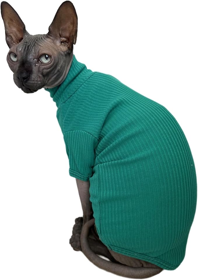 Sphynx Hairless Cats Shirt Cotton Cat Turtleneck Sweater Pullover Kitten T-Shirts with Sleeves Cat Pajamas Jumpsuit for Sphynx Cornish Rex, Devon Rex, Peterbald (XX-Large, Peacock Green)