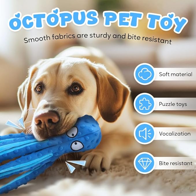 Octopus Dog Toys, No Stuffing Crinkle Dog Toys for Aggressive Chewers, Durable Interactive Chew Toys for Small, Medium and Large Dogs Training and Reduce Boredom (Blue)