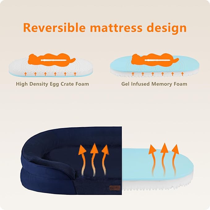 Dwanton Orthopedic Dog Bed for Medium Dogs with Gel Memory Foam, Waterproof Dog Sofa, Washable Pet Bed with Four Sided Bolster Cushion, Removable Cover & Non-Slip Bottom, 35", Navy Blue