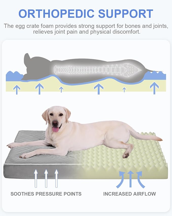 KSIIA Orthopedic Dog Bed for Crate Large Dog Bed with Removable Machine Washable Cover Waterproof Crate Pad with Egg Foam and Non-Slip Bottom, 35x22 Inch, Light Gray