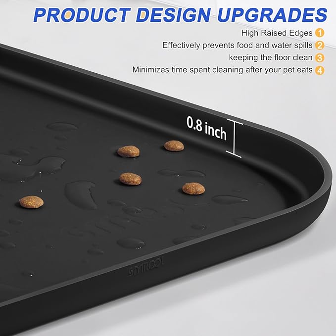 Silicone Pet Feeding Mat with Raised Edge for Food and Water, Dog Bowl Mats, Cat Bowls Placemat with High Lip for Floor Waterproof, Rubber Tray for Cats and Dogs 22 x 14 x0.8 Black