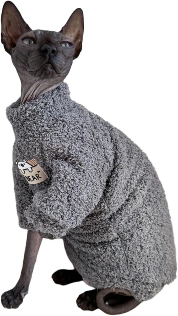 Sphynx Cat Clothes Hairless Cat Super Soft Warm Fleece T Shirt Elastic Winter Sweater Outfit, Pet Clothes for Sphynx Cat Coat for Cats and Small Dogs Apparel (Grey, Large)
