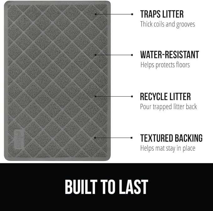 GORILLA GRIP Cat Litter Box Mat, Water Resistant, US Designed Kitty Litter Trapping Mats, Easy to Clean, Scatter Control, Less Mess and Clean Floors, Kitten Supplies for Indoor Cats, 30x20 Grey