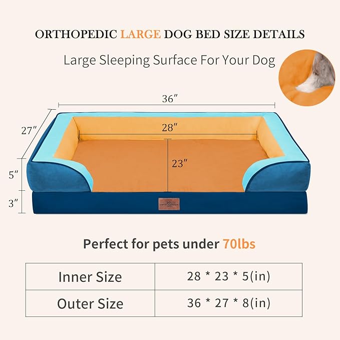 Comfort Expression Orthopedic Dog Bed for Large Dogs 36x27 Inch, Waterproof Egg Crate Foam Large Pet Bed with Removable Bolsters, Dog Couch with Washable Cover & Non-Slip Bottom, Golden Harbor