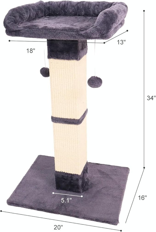 34" Cat Scratching Post for Indoor Cats, Sisal Cat Scratcher with Large Plush Perch, Vertical Posts with Elevated Bed and with Two Dangling Balls, Removable & Washable Cover, Dark Grey