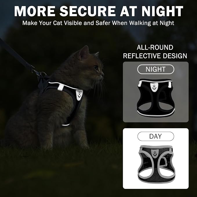 SCENEREAL Cat Harness and Leash Set Escape Proof, Adjustable Soft Air Mesh Kitten Harnesses for Girls Boys Small Medium Big Cats, Reflective Light Travel Pet Walking Vest for Puppy Rabbit, Black S