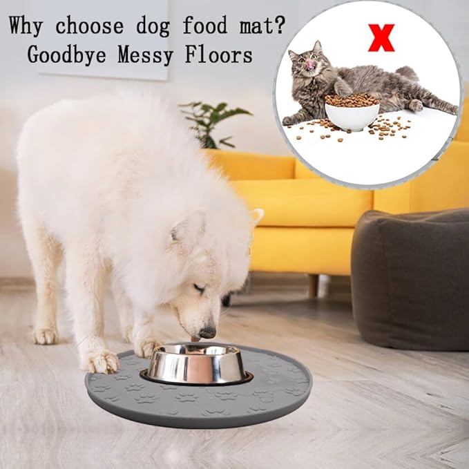 Silicone pet Food mat, Dog Food and Water mat, Raised Edge Rubber mat for Dog Bowls, Prevents Food and Water from staining Floors, Suitable for Small and Medium Pets，10.6'' (Gray - Odorless)